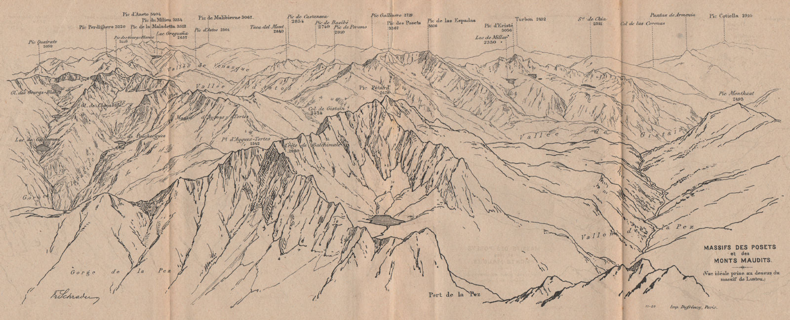 POSETS-MALADETA MASSIFS.Montes Malditos.Monts Maudits.Vintage panorama 1921 map